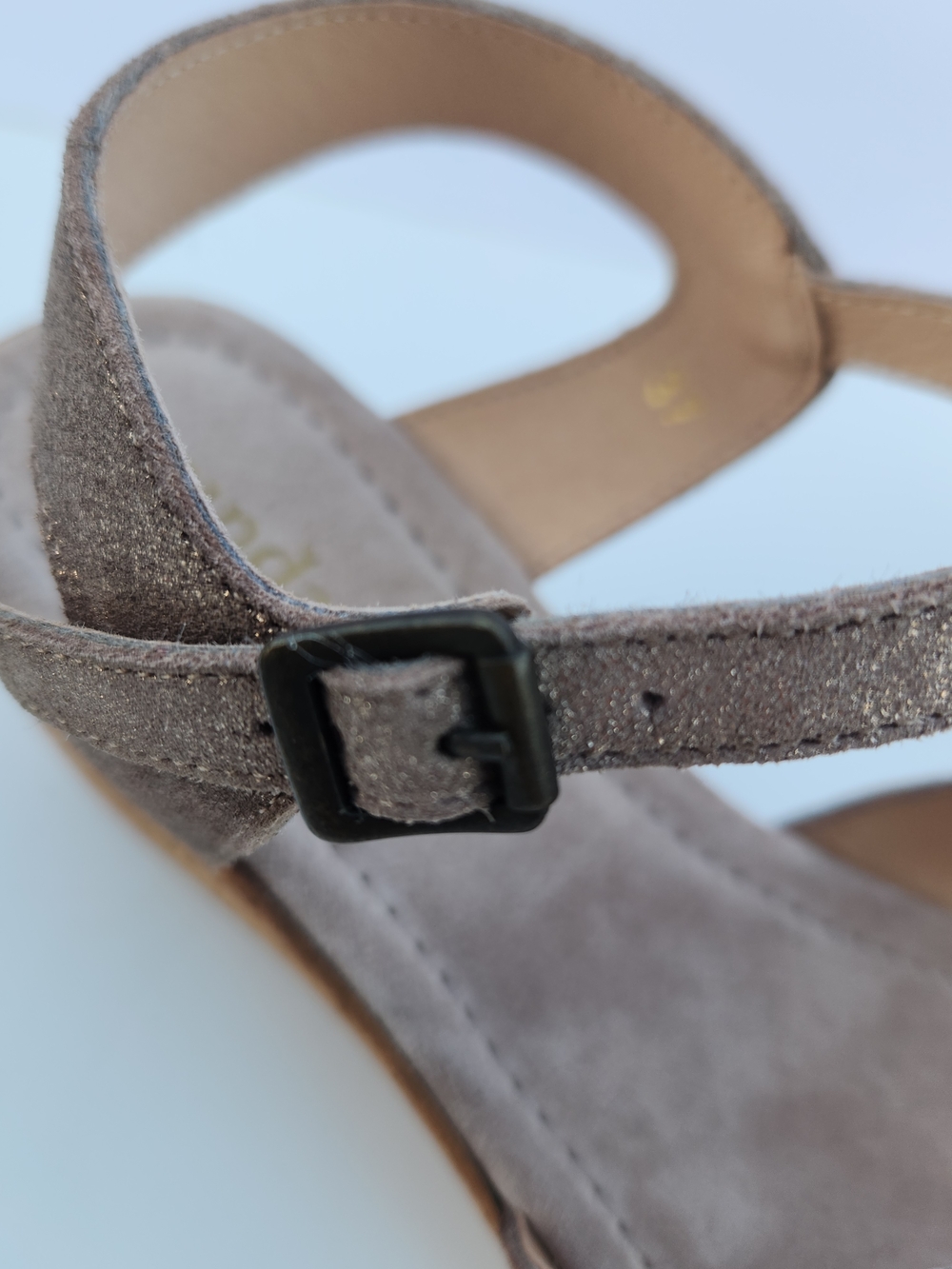 Sundance Metallic Taupe Ankle Strap Suede Leather Cork Wedge - Picture 10 of 13